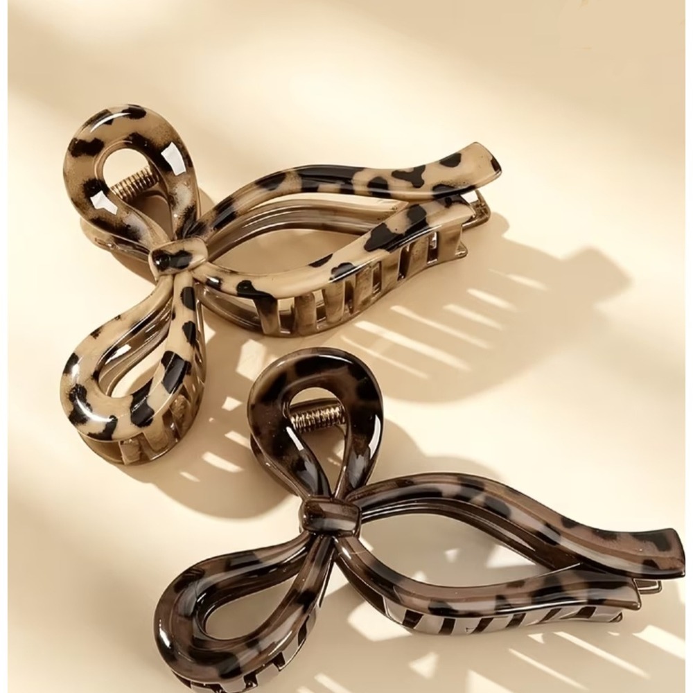 2Pcs Leopard Print Bow Hair Claw Clips Large Tortoise Shell Set